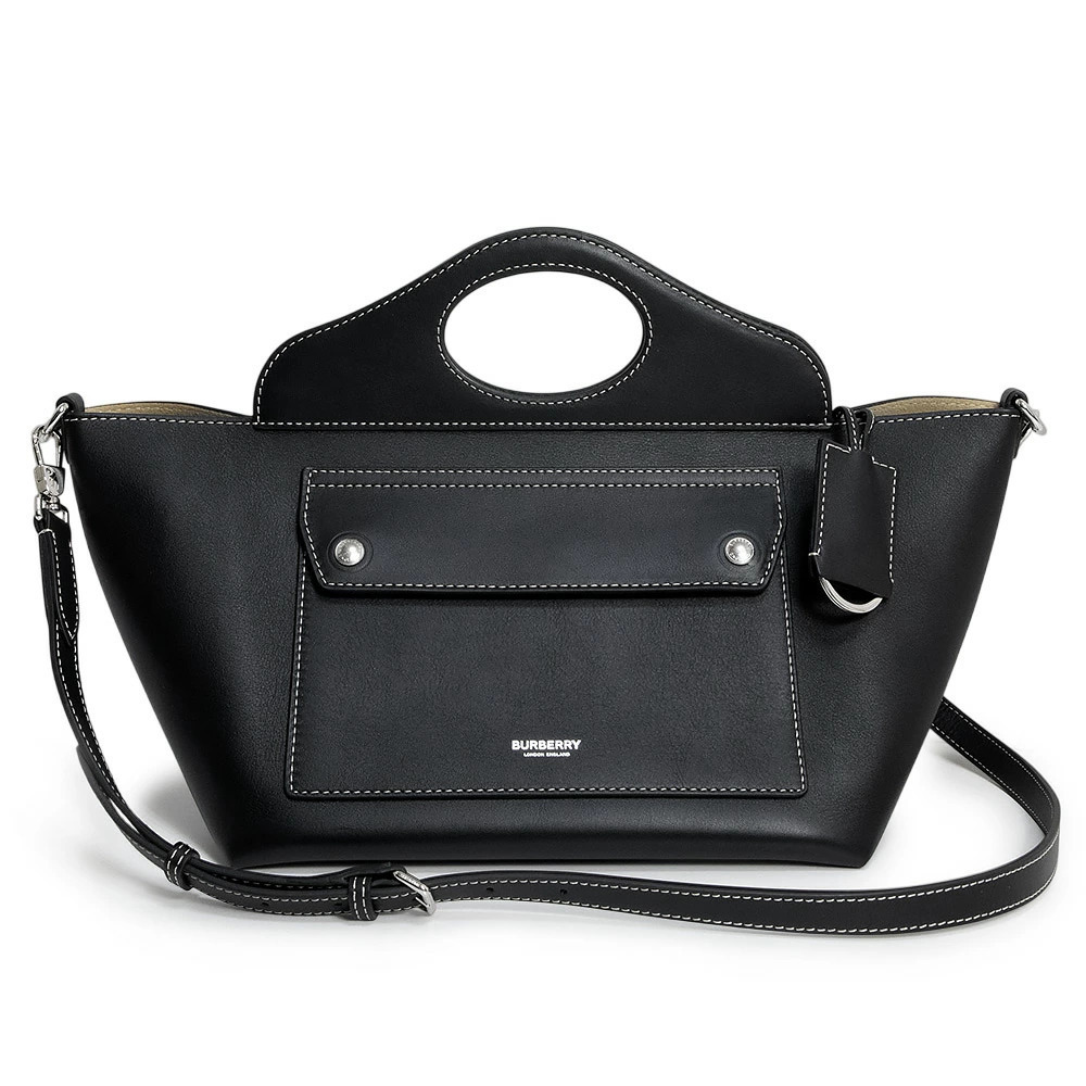 BURBERRY Soft Pocket Tote Calfskin Leather Black Shoulder Handbag Crossbody